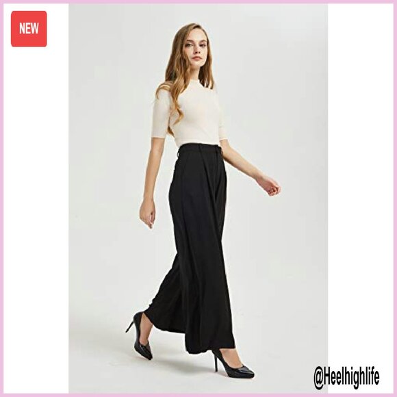 High Waist Wide Leg Palazzo Pants, Flowy Fabric, Zip Closure, Side Pockets - Picture 4 of 8